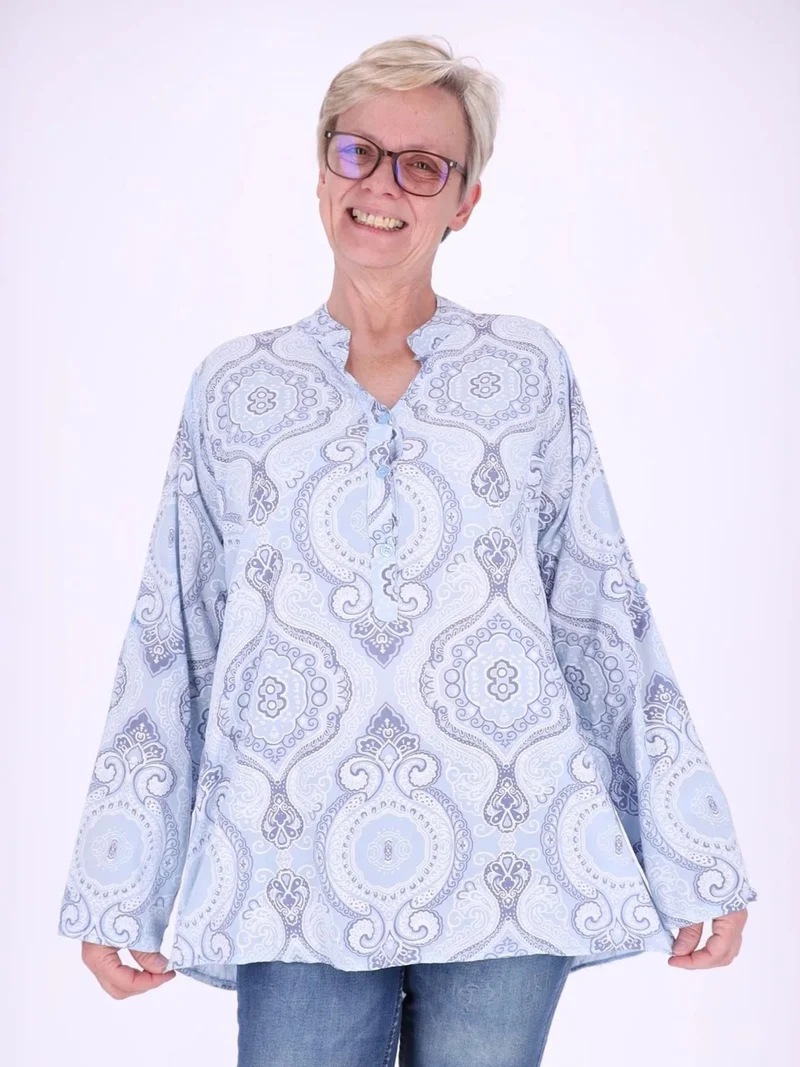 Blaues Damen Blusenshirt mit V-Ausschnitt & Knopfleiste