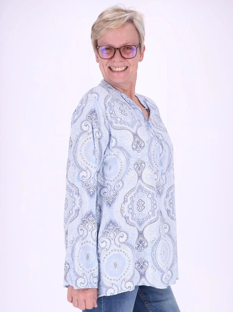 Blaues Damen Blusenshirt mit V-Ausschnitt & Knopfleiste