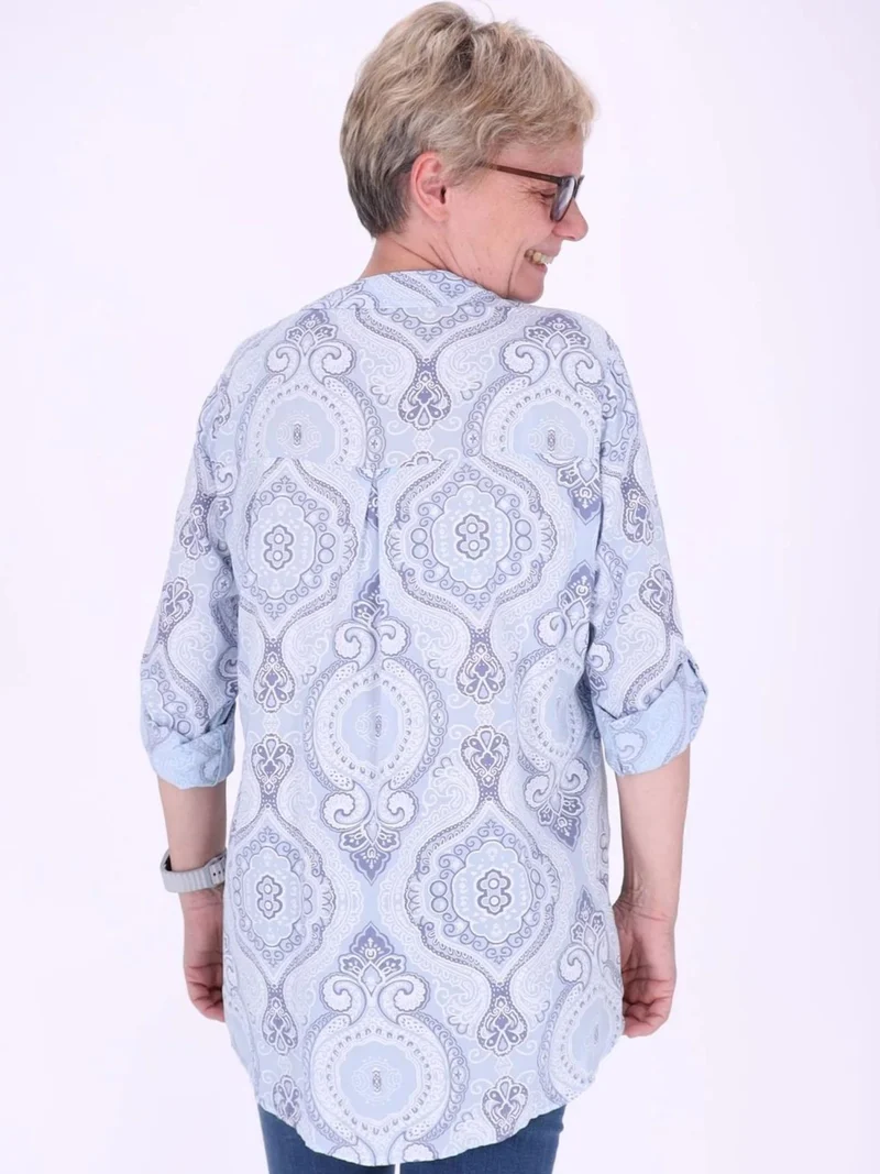 Blaues Damen Blusenshirt mit V-Ausschnitt & Knopfleiste