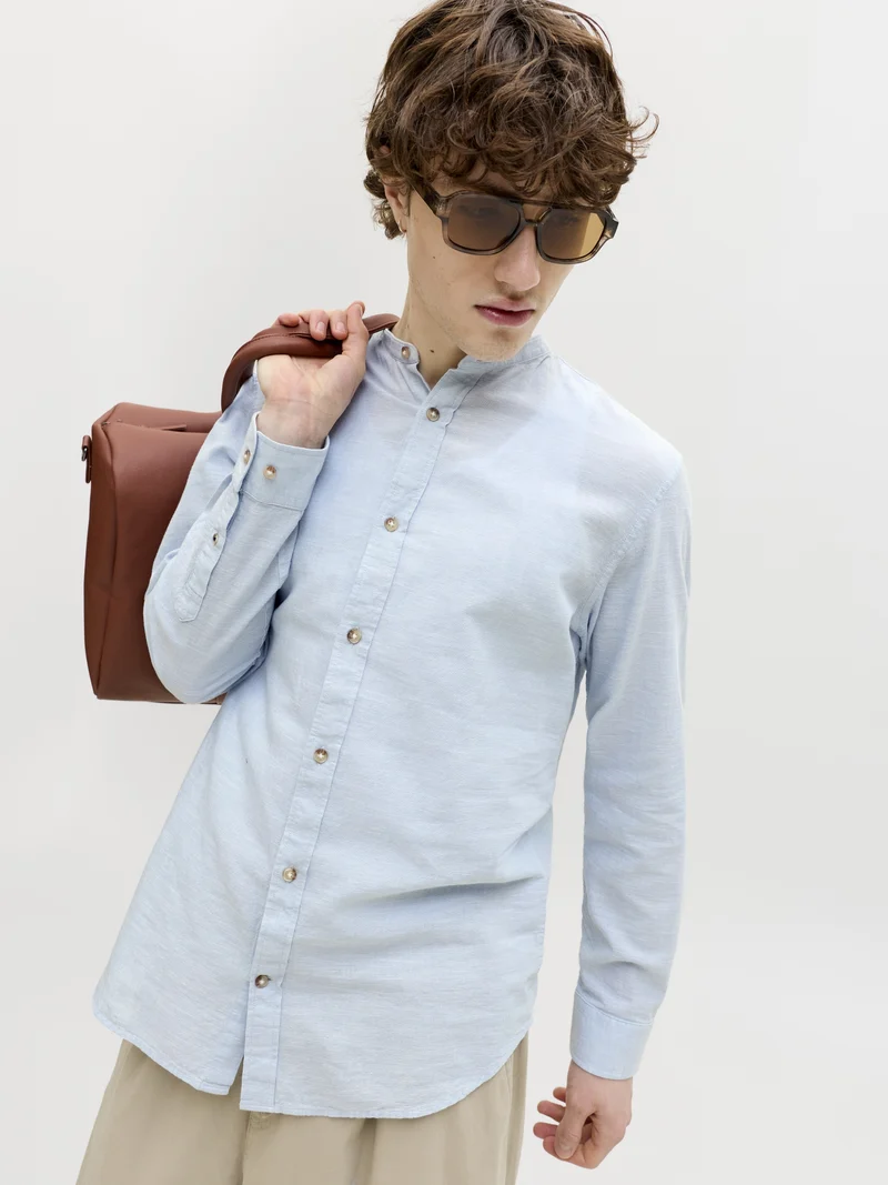 JJESUMMER LINEN BLEND BAND SHIRT L/, Celestial Blue