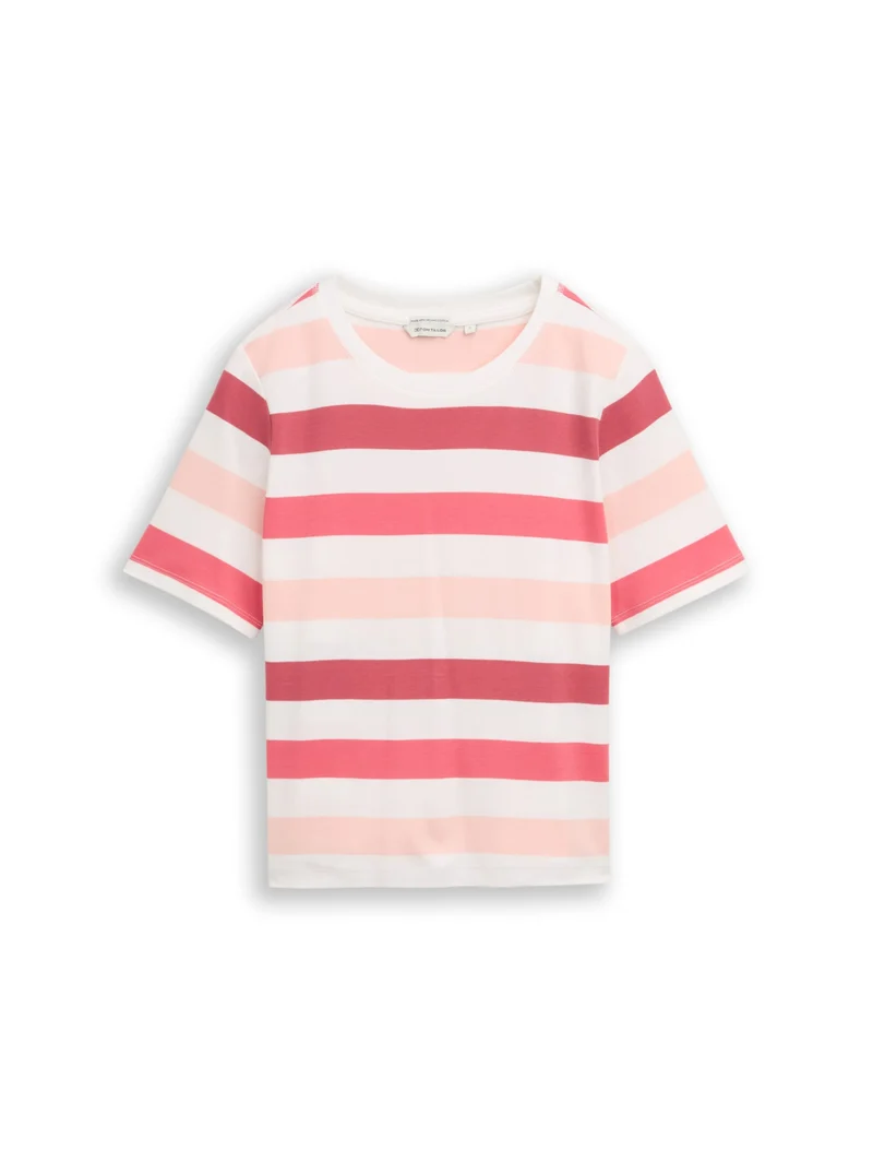 T-shirt boxy crew neck with pr, coral offwhite stripe