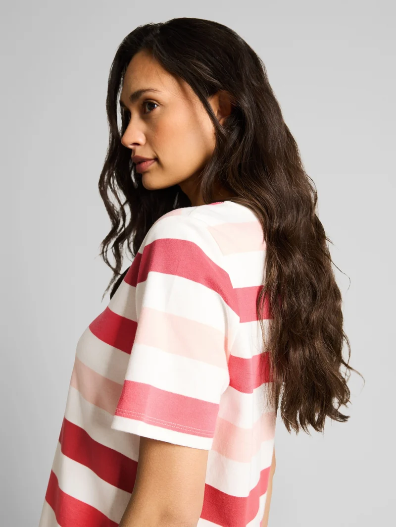 T-shirt boxy crew neck with pr, coral offwhite stripe