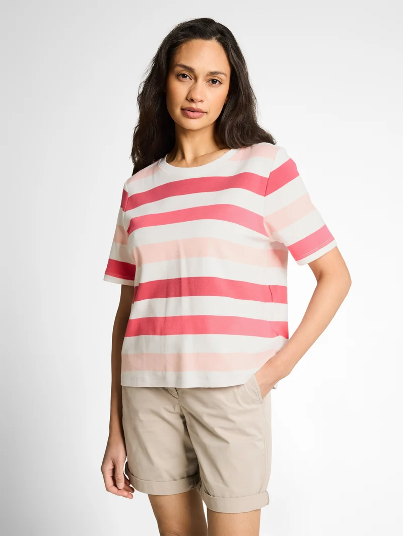 T-shirt boxy crew neck with pr, coral offwhite stripe