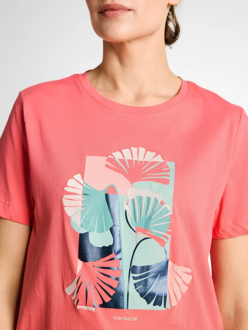 T-shirt crew neck front print, soft coral pink