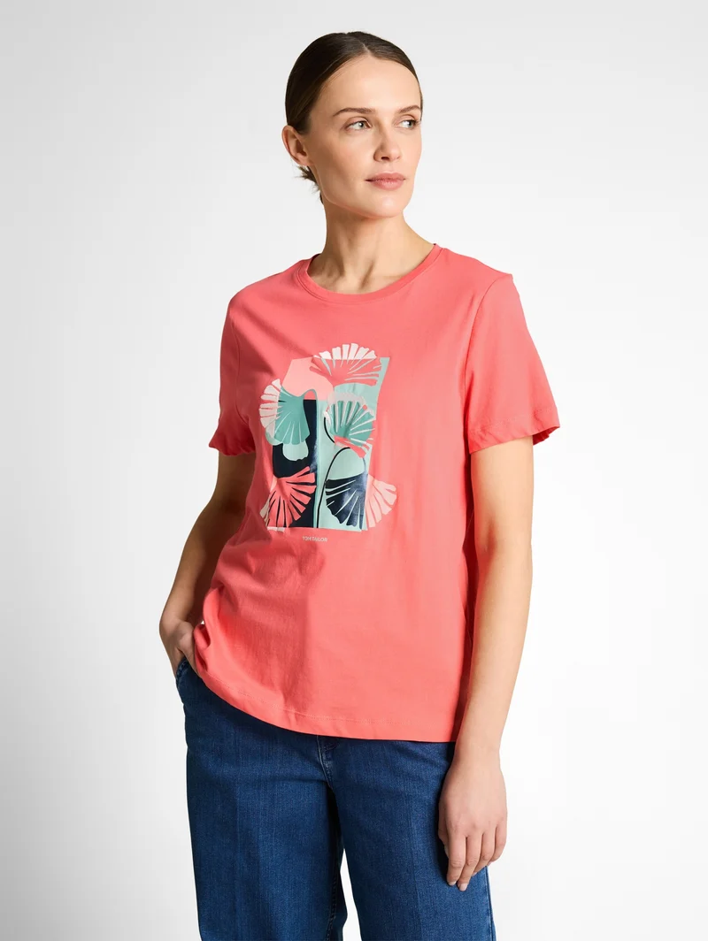 T-shirt crew neck front print, soft coral pink