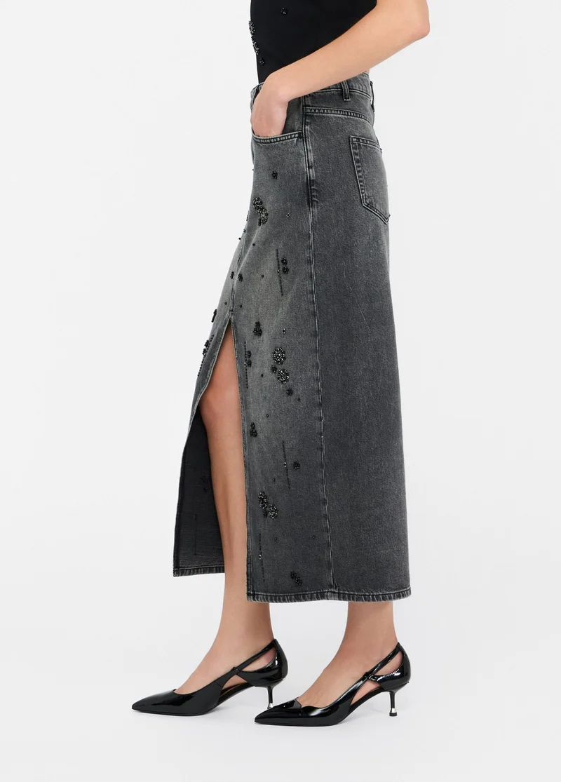 Denim Skirt with Gemstones