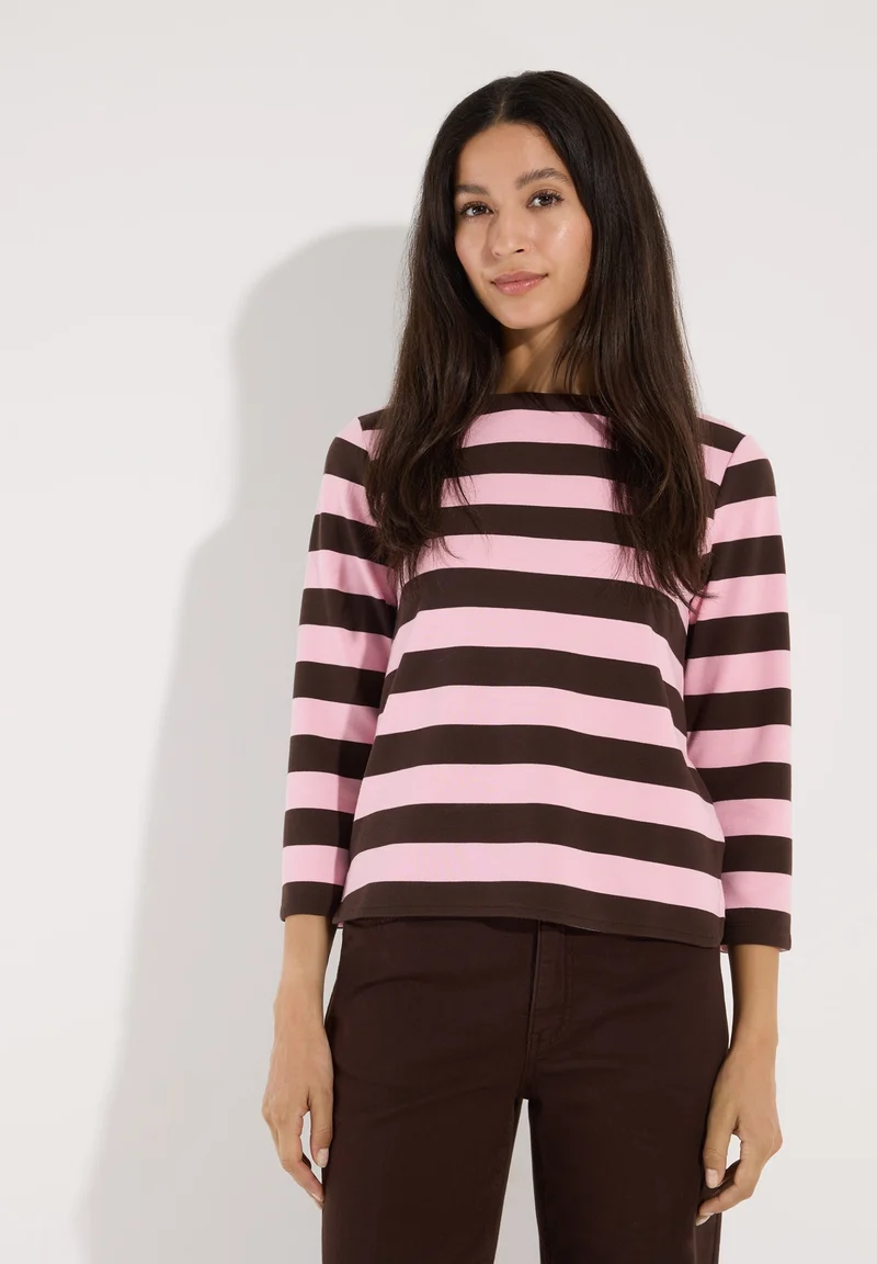 Boxy Shirt 3/4 Sleeves with Stripe, milky rose espresso block stripe je