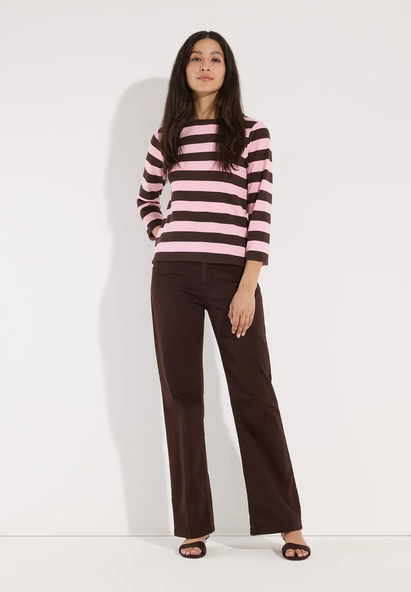 Boxy Shirt 3/4 Sleeves with Stripe, milky rose espresso block stripe je