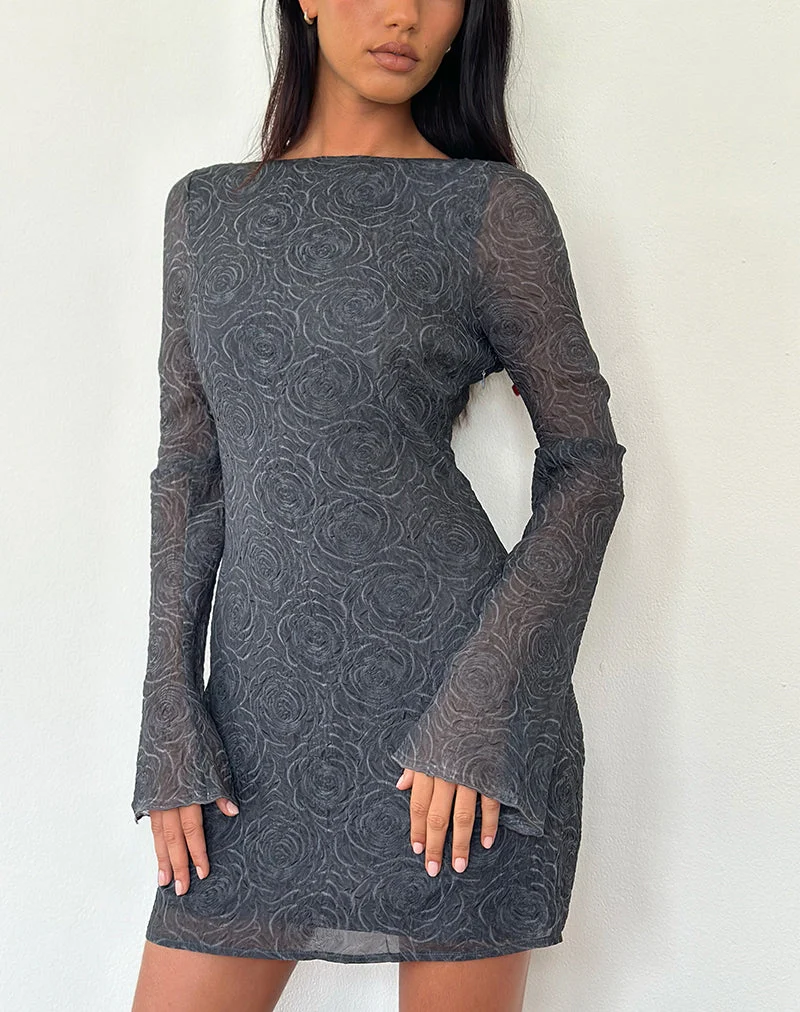 Sava Langärmeliges Minikleid mit offenem Rücken aus schwarzem geblümtem Chiffon