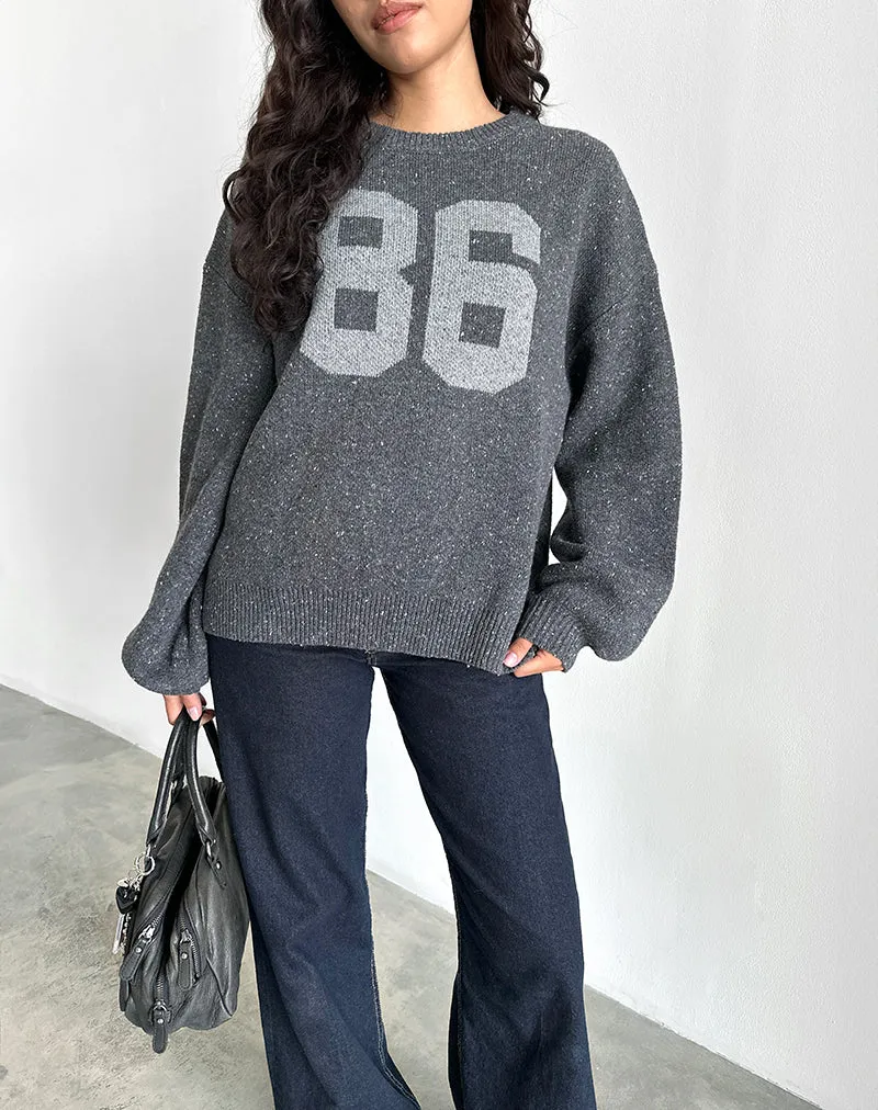 Namari-Pullover aus grauem Strick mit 86er-Motiv
