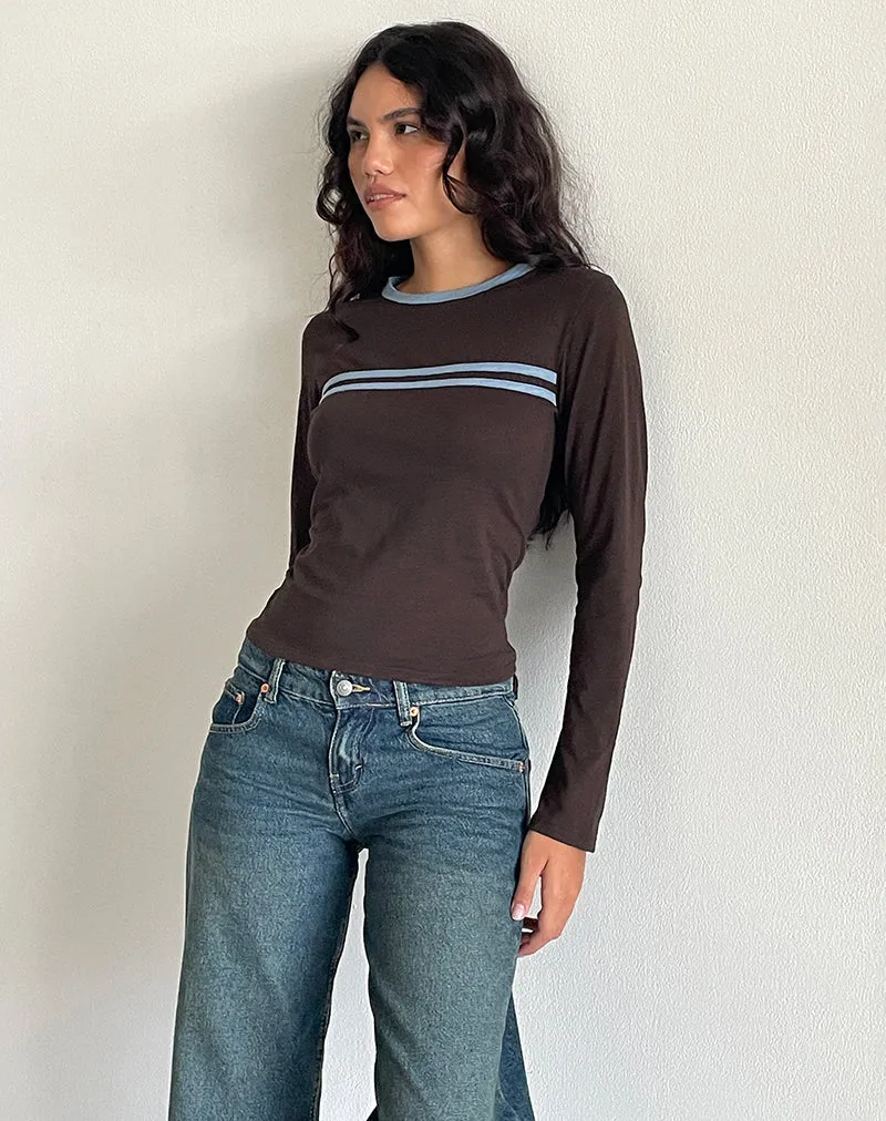 Bonjita Langarm-Top in Schokoladenbraun mit aschblauem Zwei-Streifen-Band