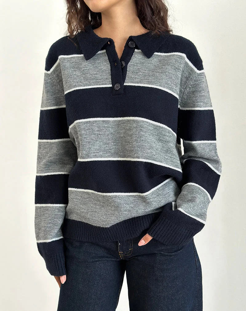 Yusnada Übergroßer Rugby-Pullover in Marineblau und Grau gestreift