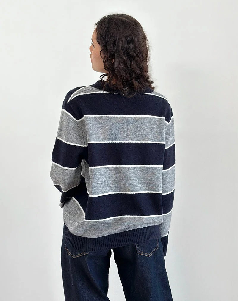 Yusnada Übergroßer Rugby-Pullover in Marineblau und Grau gestreift