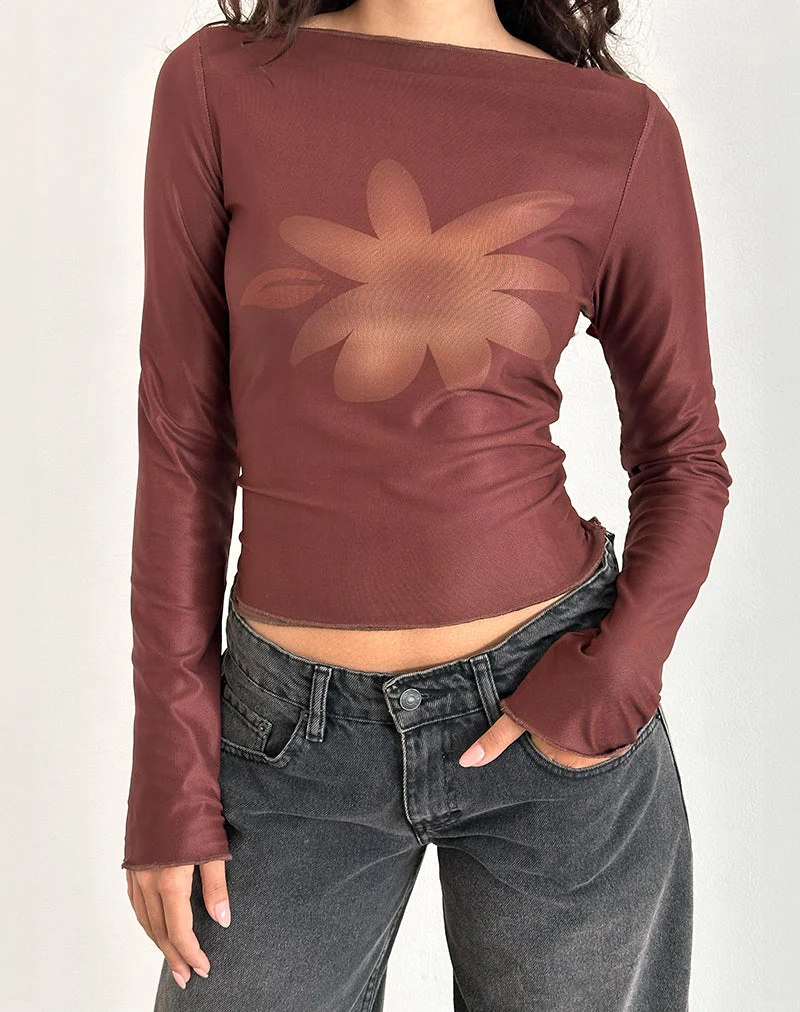 Armali Langärmeliges Top aus Mesh Tonal Flower Braun