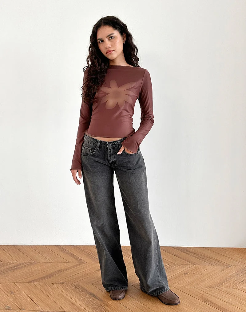 Armali Langärmeliges Top aus Mesh Tonal Flower Braun
