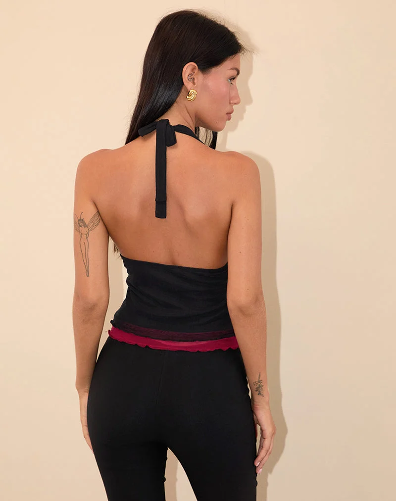 Kubra Neckholder-Top aus Mesh Schwarz und Rot