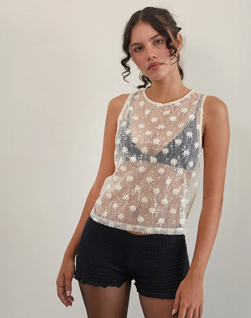 Franka Tank Top aus Paillettenspitze Elfenbein