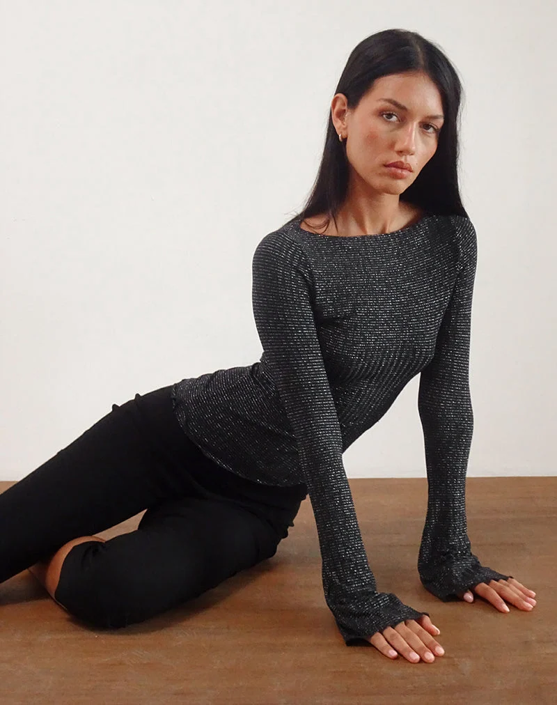 Lukia Langarm-Top aus metallisch gestreiftem Jersey Schwarz