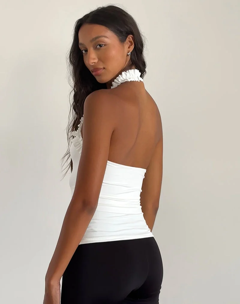 Veda gerüschtes Neckholder-Top in glattem Weiß