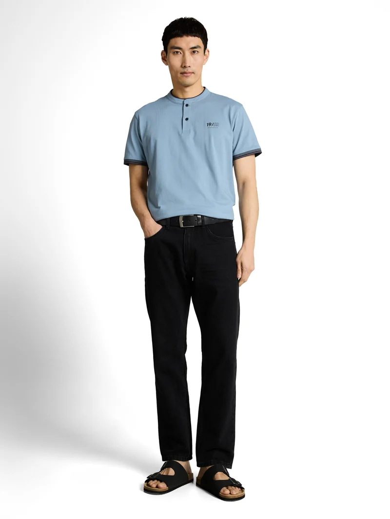 printed stand-up collar polo, mountain spring blue
