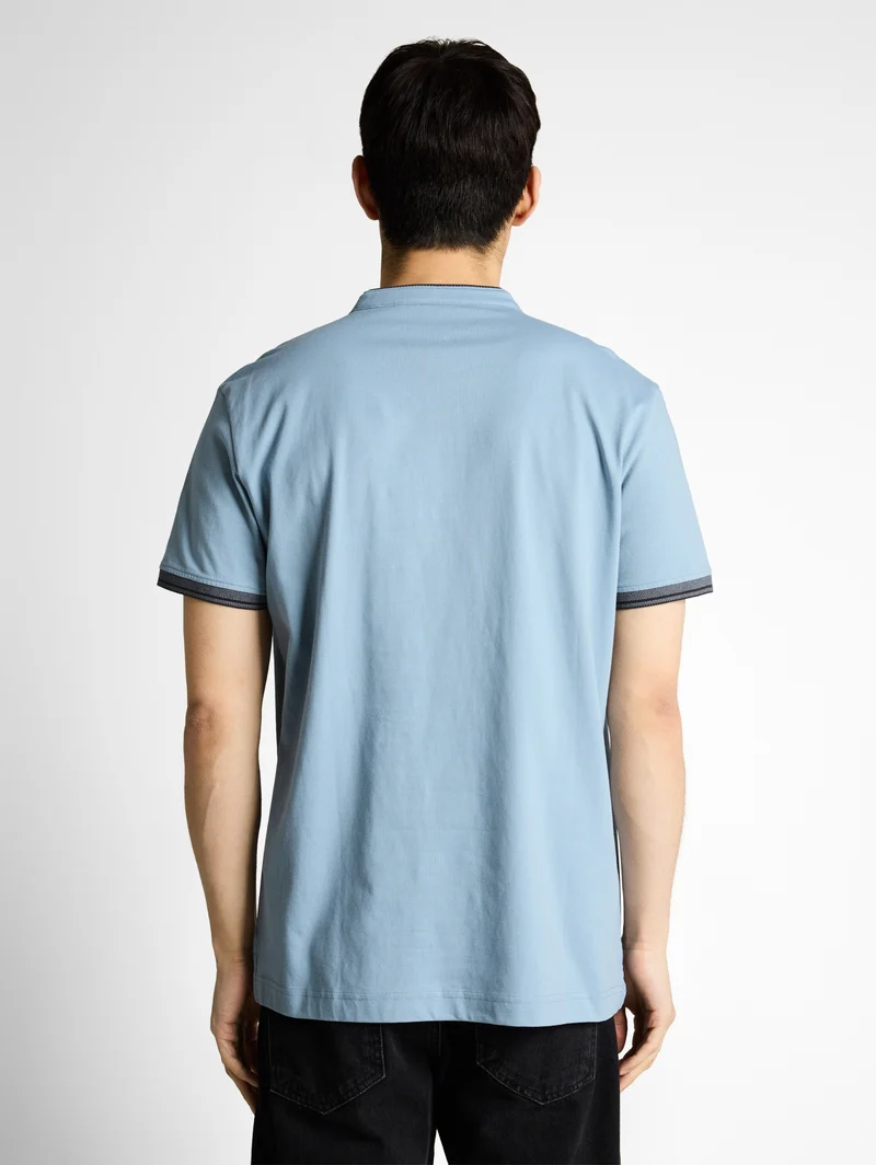 printed stand-up collar polo, mountain spring blue