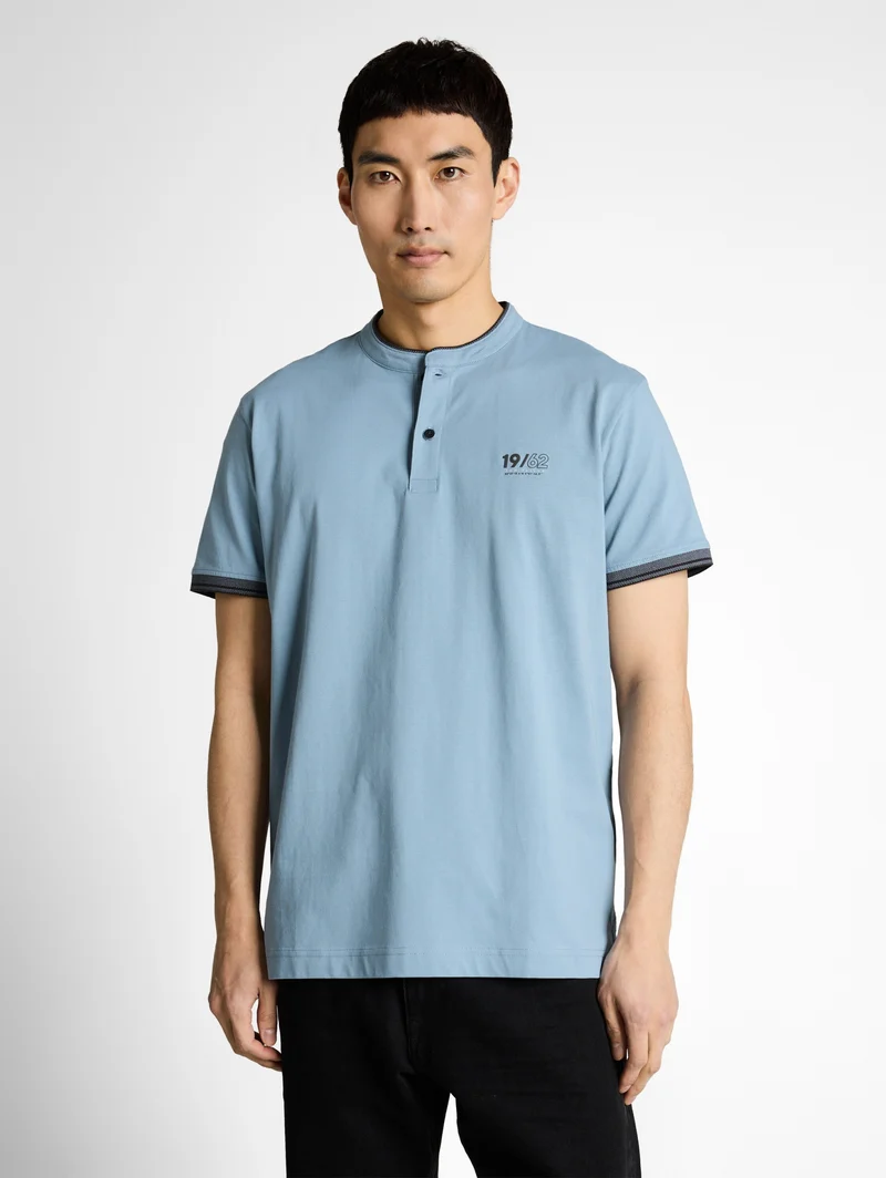 printed stand-up collar polo, mountain spring blue