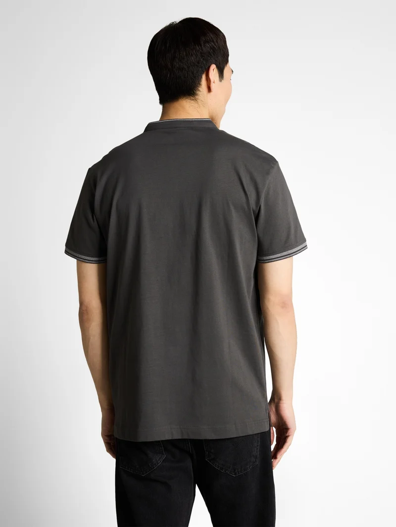 printed stand-up collar polo, Tarmac Grey