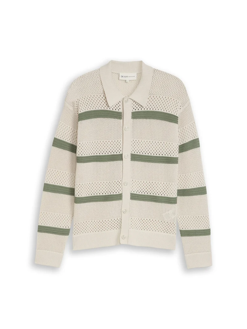 open knit polo jacket, sea spray white color block