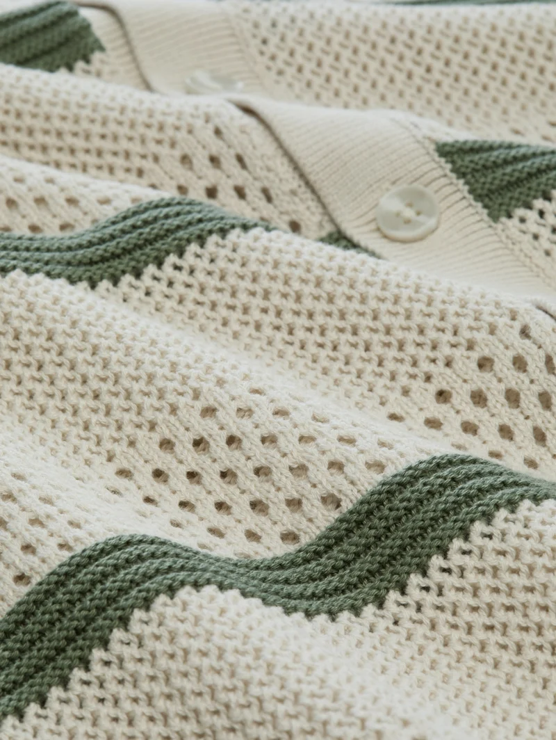 open knit polo jacket, sea spray white color block