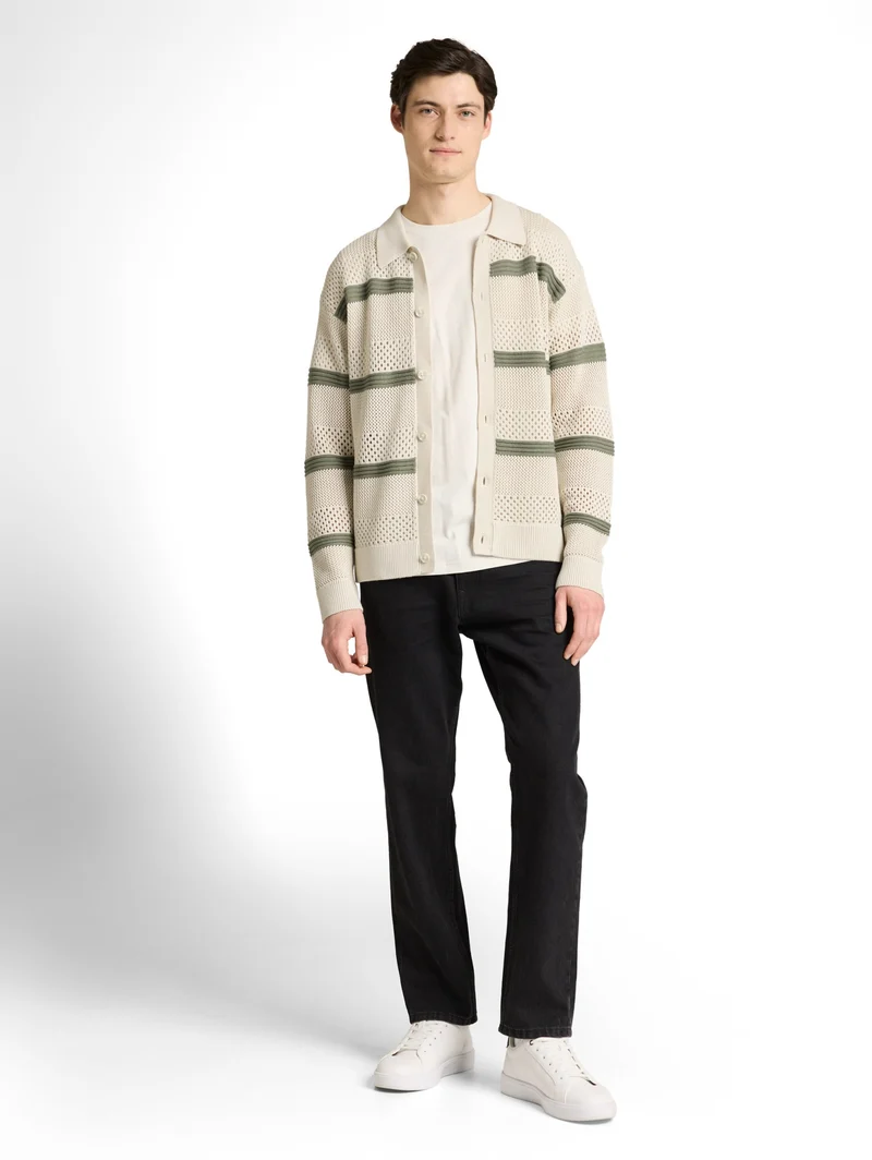 open knit polo jacket, sea spray white color block