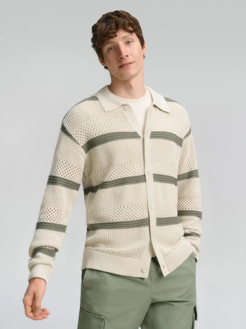 open knit polo jacket, sea spray white color block