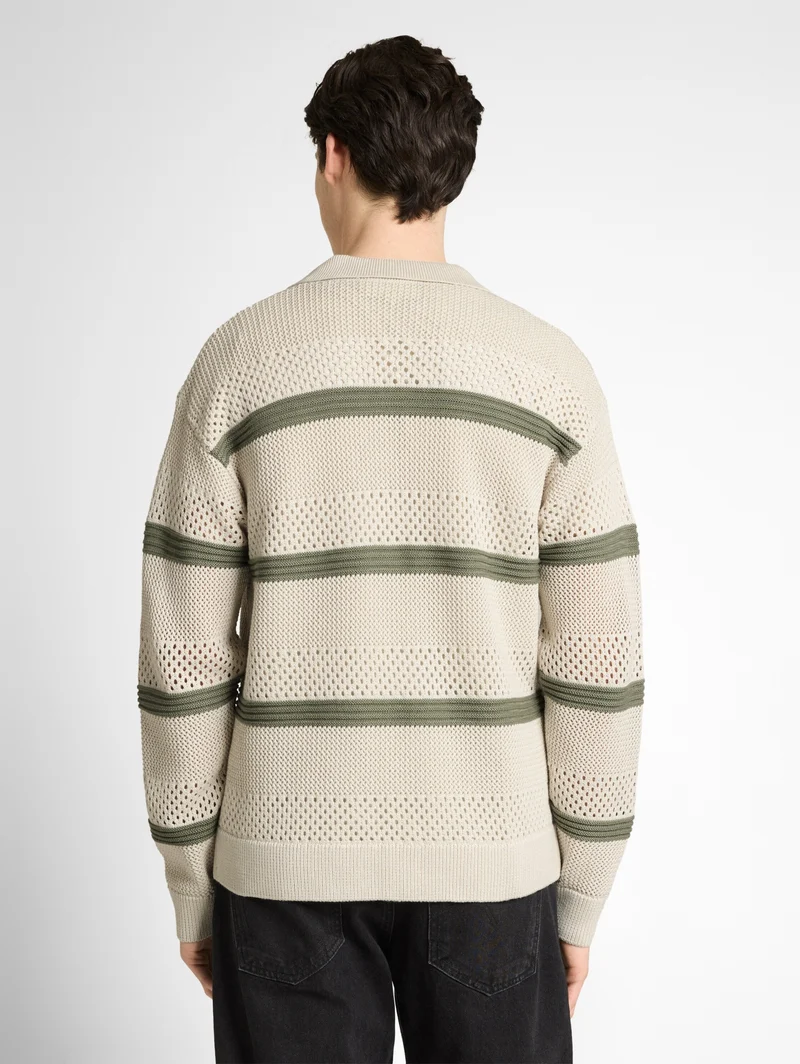 open knit polo jacket, sea spray white color block
