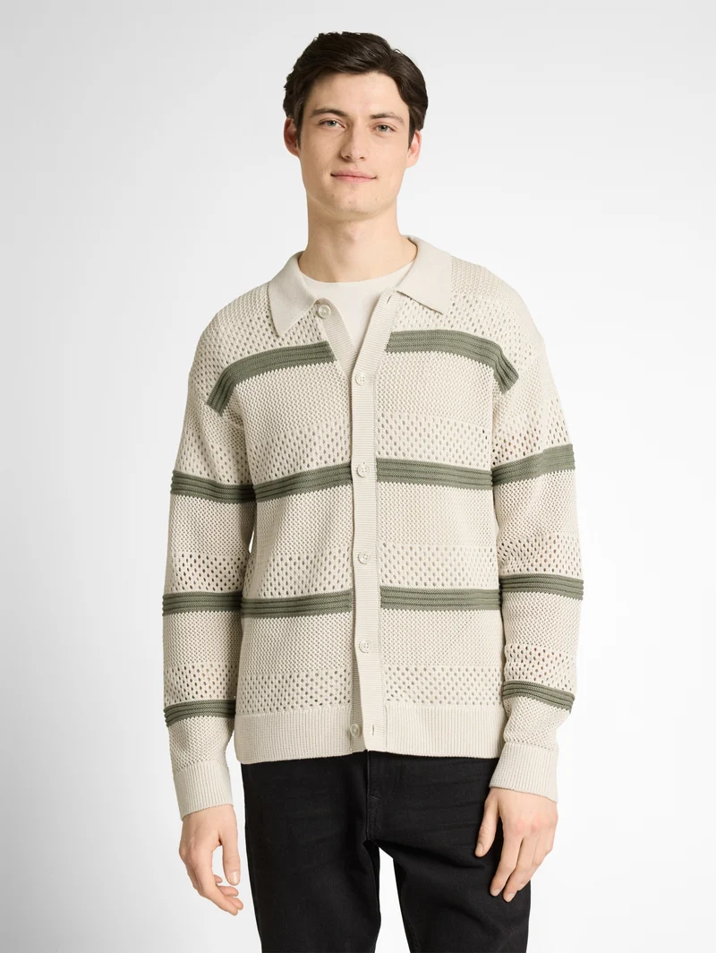 open knit polo jacket, sea spray white color block