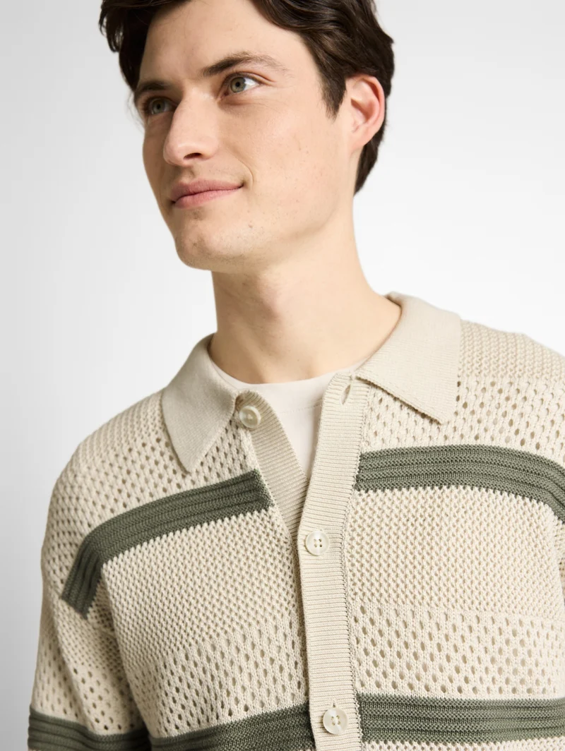 open knit polo jacket, sea spray white color block