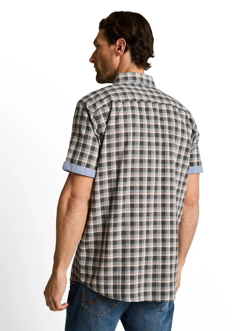 checked shirt, grey white check