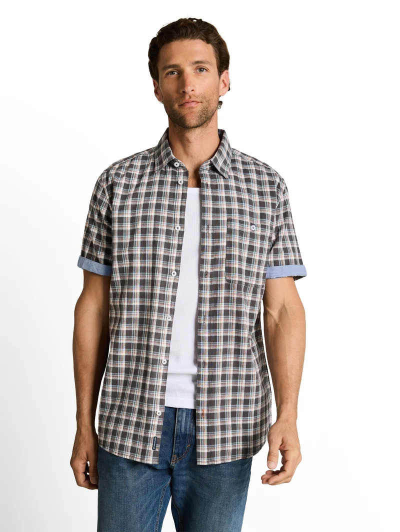 checked shirt, grey white check