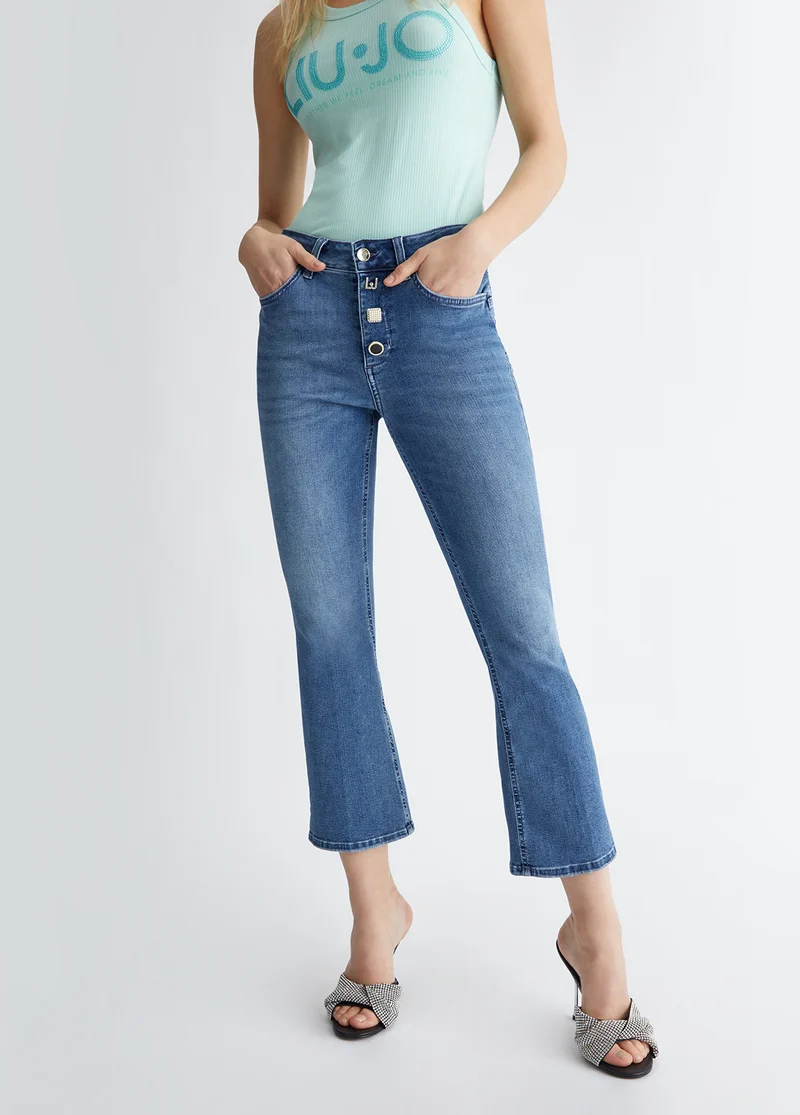 Cropped Bootcut Jeans with Buttons