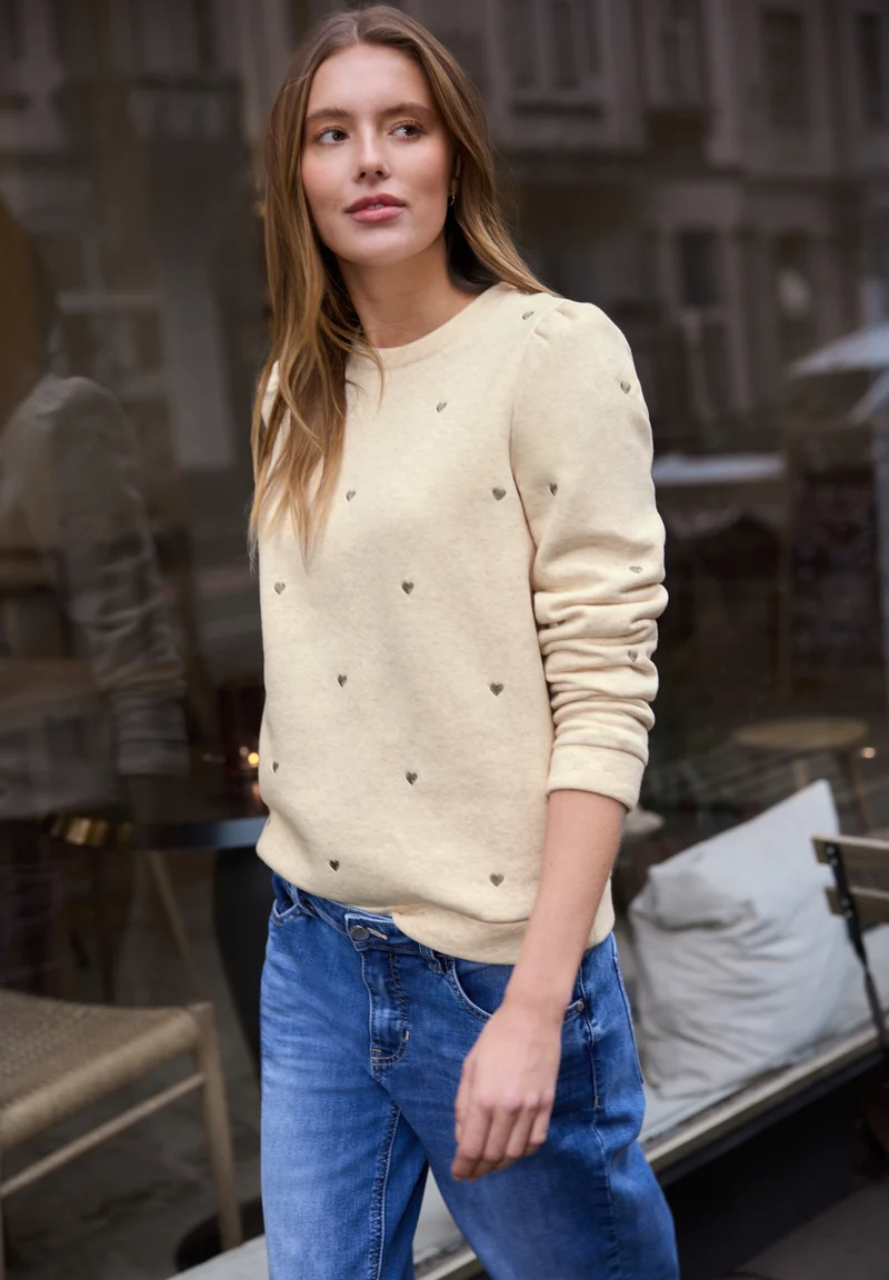 heart embroidery shirt w.gathe, stone sand mel.