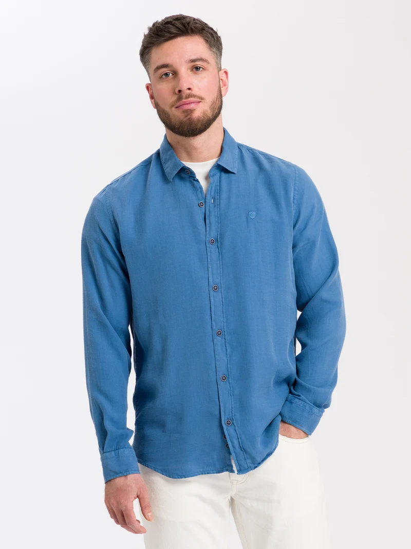 Herren Regular Langarmhemd blau gemustertem Kragen