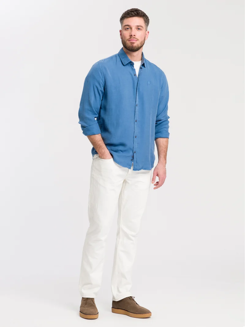 Herren Regular Langarmhemd blau gemustertem Kragen