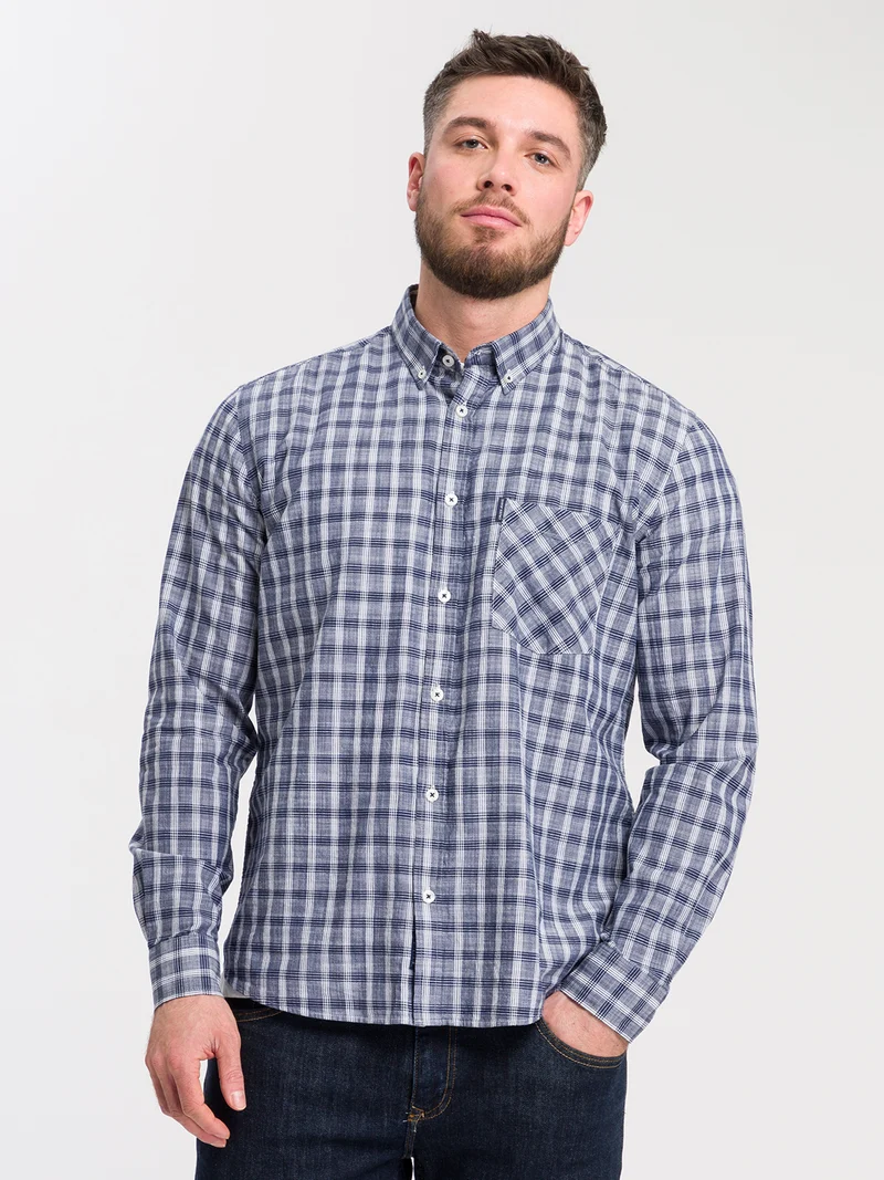 Herren Regular Langarmhemd blau kariert
