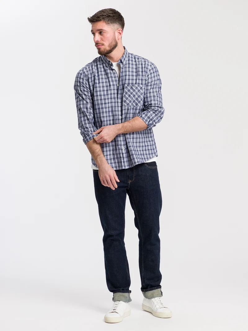 Herren Regular Langarmhemd blau kariert