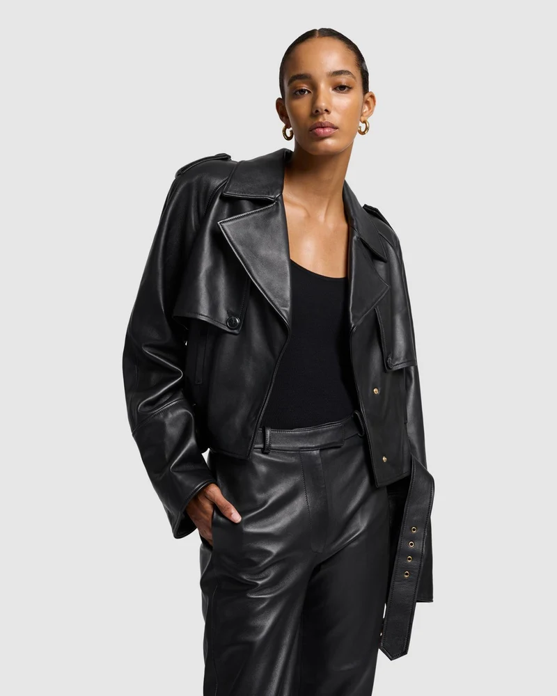 Leather Cropped Jacket in Black