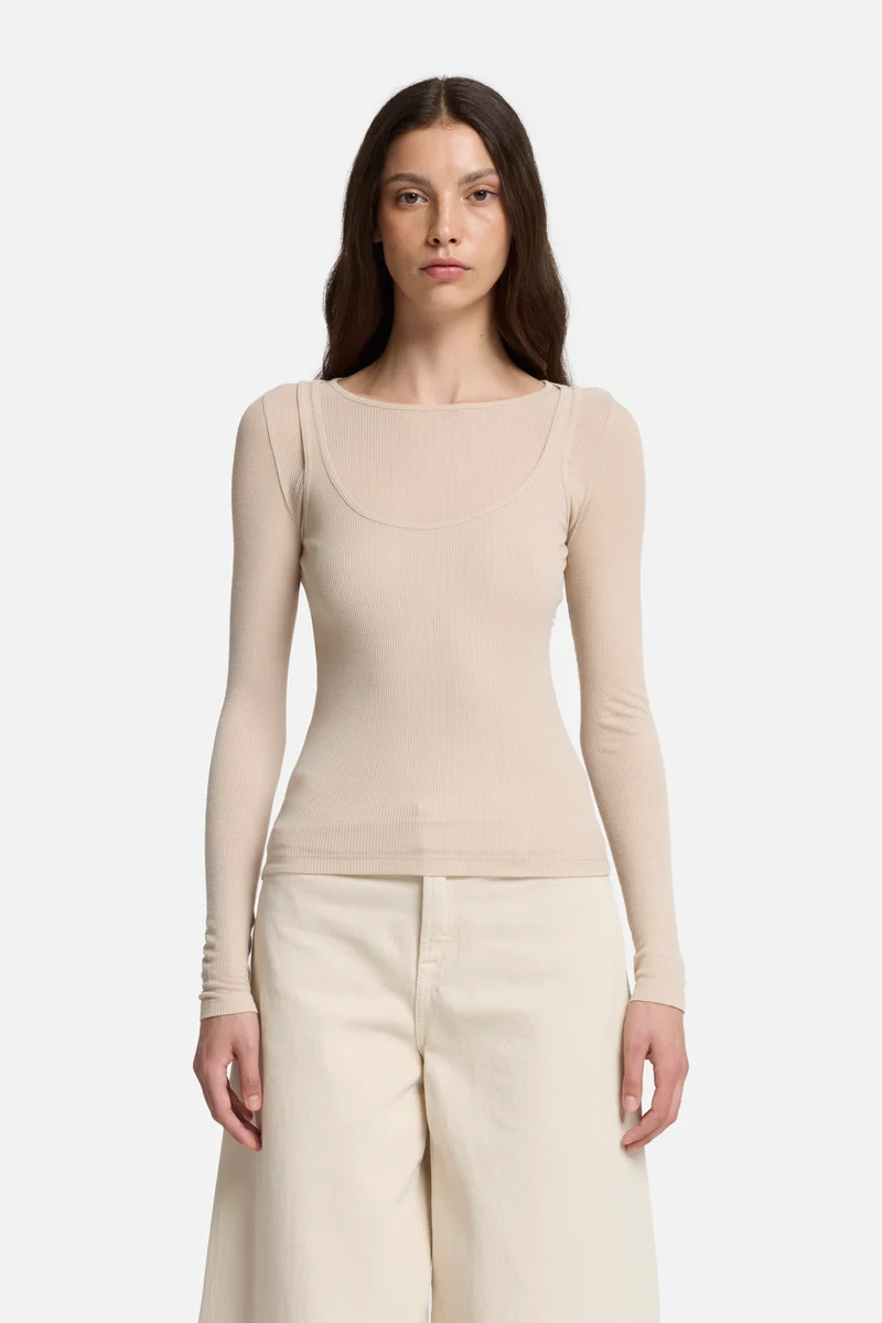 DOUBLE LAYER LONG SLEEVE TOP Rib Nude