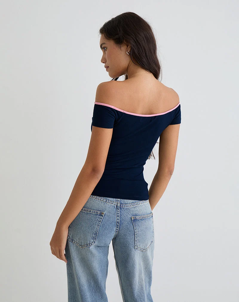 Mayomi Schulterfreies Oberteil in Marineblau mit rosa Bändern