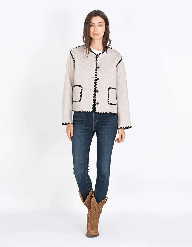 Woll-Mix Boxy-Jacke mit Ziernähten