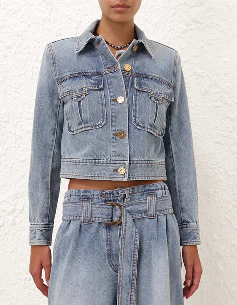 Cropped Jeansjacke mit gepolsterten Schultern