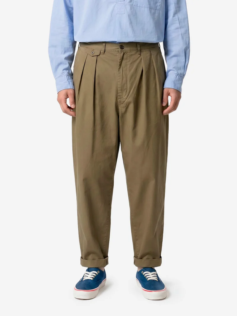 Pantaloni tapered 2 pleats in twill oliva