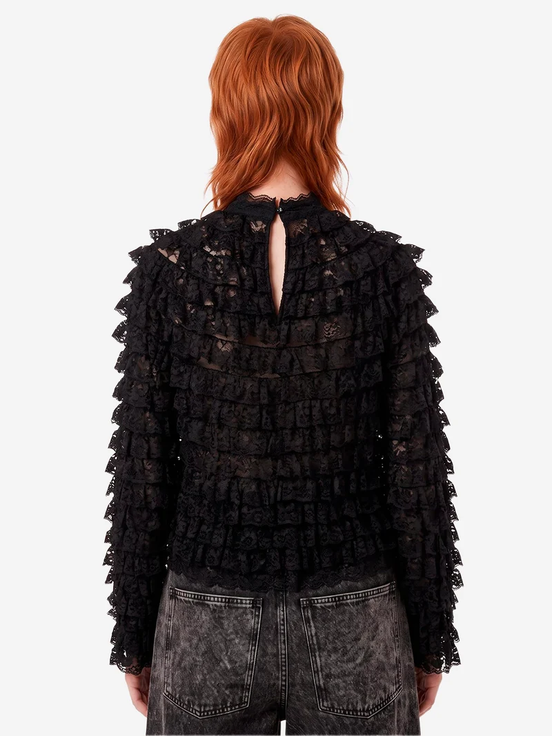 Maglia in pizzo nero con volant a strati