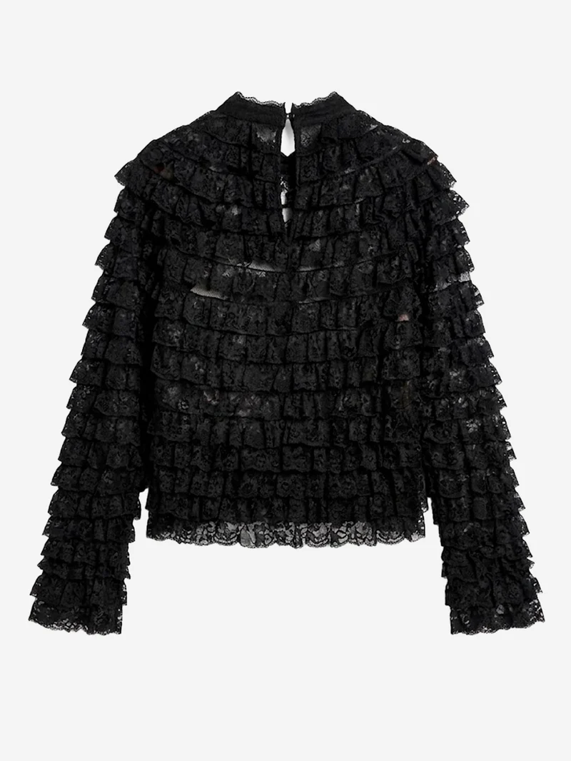 Maglia in pizzo nero con volant a strati